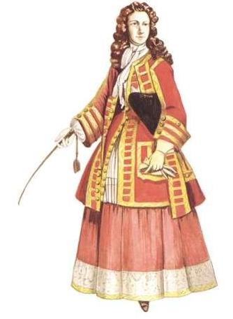 horseback riding outfit. Lady in riding habit, 1720