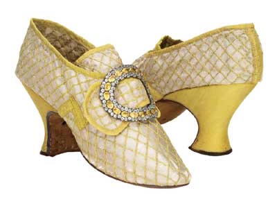 French Fashion Words on Yellow Silk Shoes With Buckles  French  C 1760s  The Bata Shoe Museum