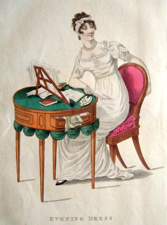 1812 La Belle Assemblee evening dress and bandeau which frames the curls 