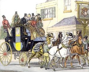 Stage coach travel. Notice the number of passengers laden on the coach and the number of horses.