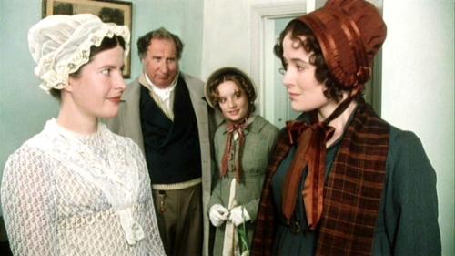Charlotte, Lizzy, Maria Lucas, and Sir William Lucas. Pride and Prejudice 1995