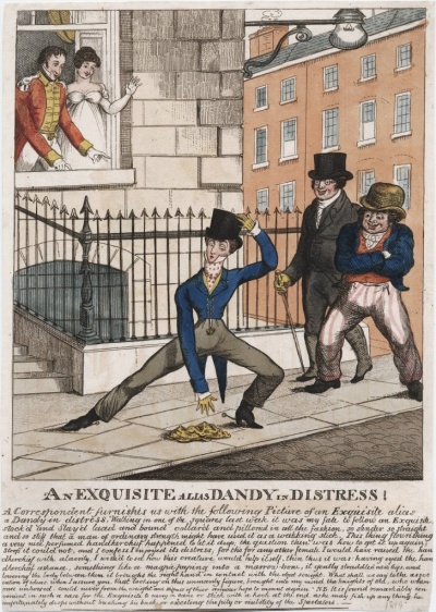 Tight trousers create a dilemma for this dandy, who cannot pick up his handkerchief.