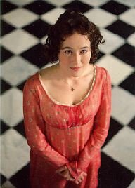 Image of Jennifer Ehle as Elizabeth Bennet falling for Mr. Darcy at Pemberley, 1995 film of Pride and Prejudice