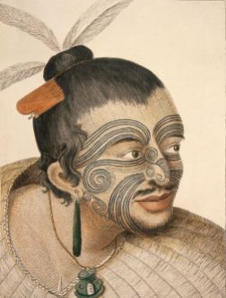 Color engraving of a Maori Chief, 1784, Sydney Parkinson, public domain image, Wikimedia
