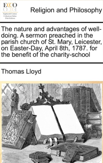 cover of Religion and Philosophy of a stack of Bibles and the title of a sermon Thomas Lloyd preached in a parish church on Easter-Day, April 8th, 1787
